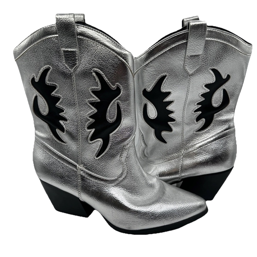 Soda Gigi Silver Metallic Black Western Chunky Heel Mid‎ Shaft Cowboy Boots 11